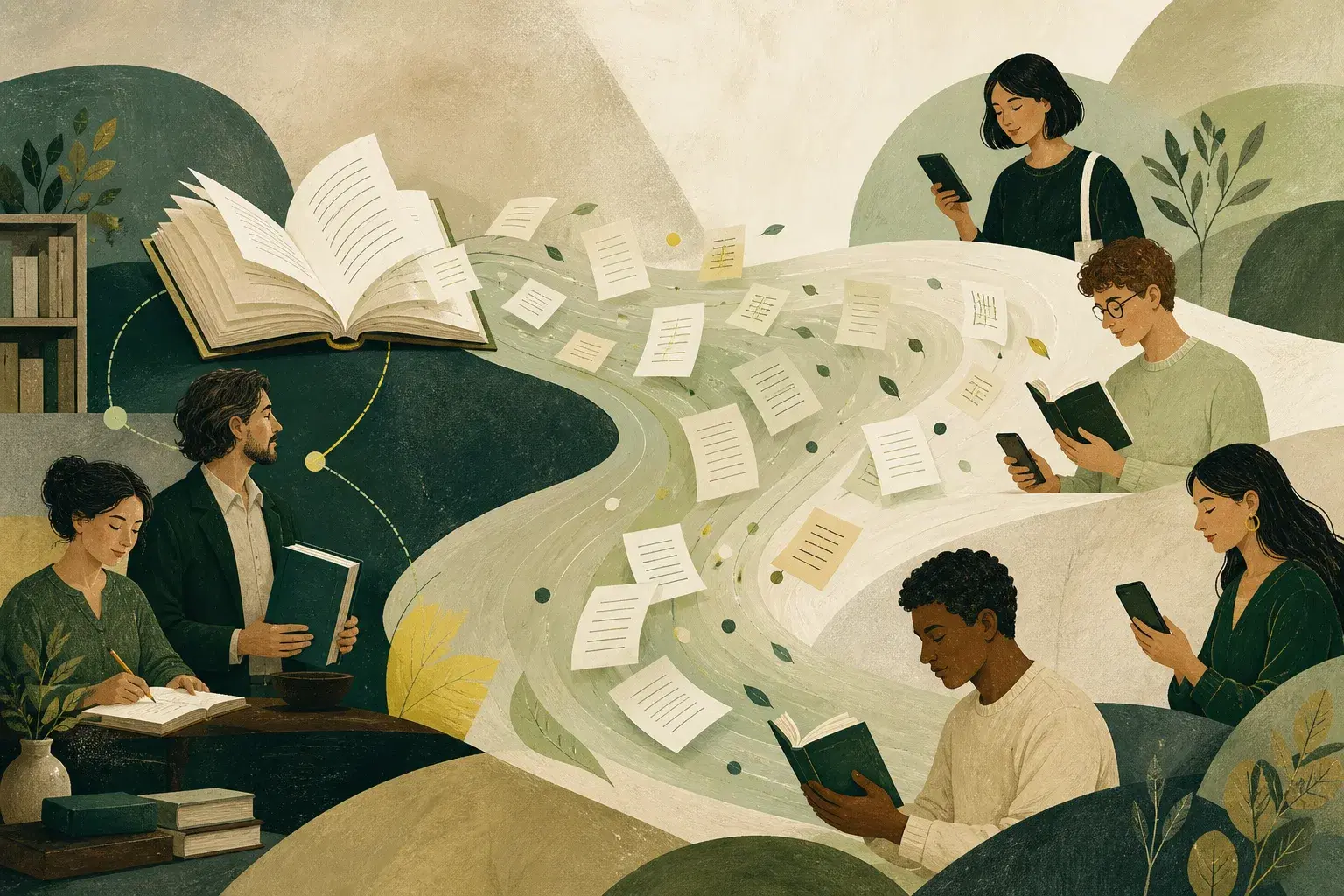 Books and individual passages flowing from creators to readers