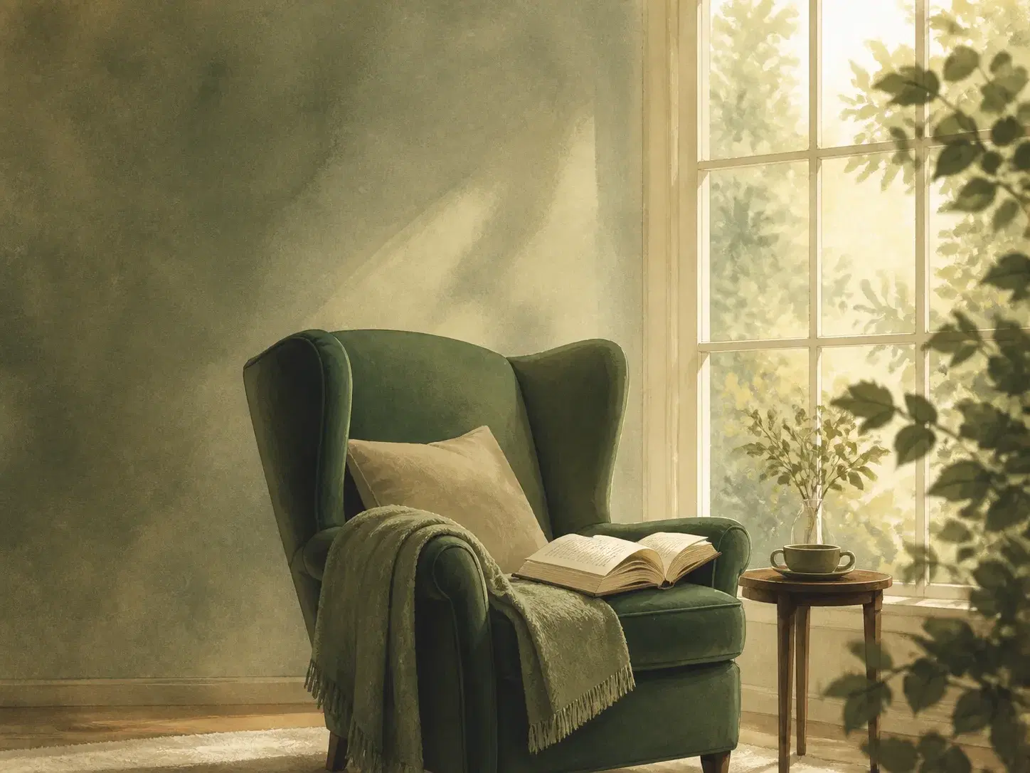 A quiet green reading chair beside a sunlit window