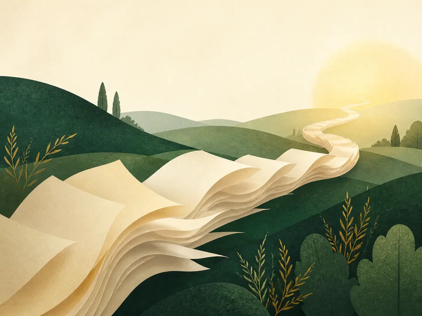 A continuous ribbon of book pages flowing through green hills