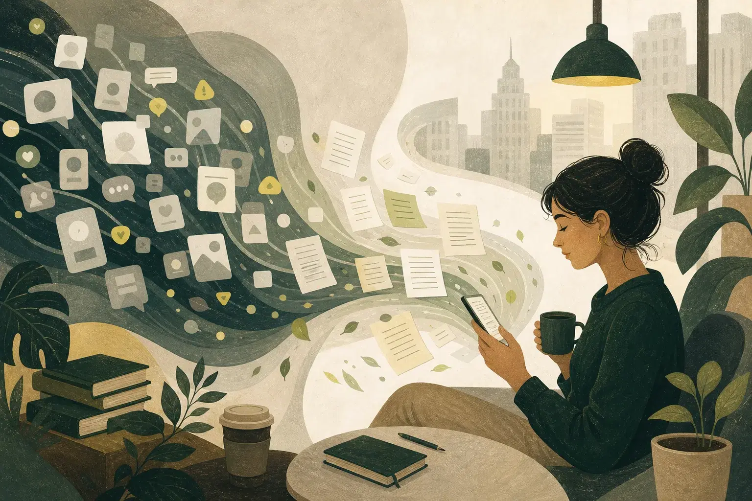 A reader choosing thoughtful passages over a noisy stream of social media